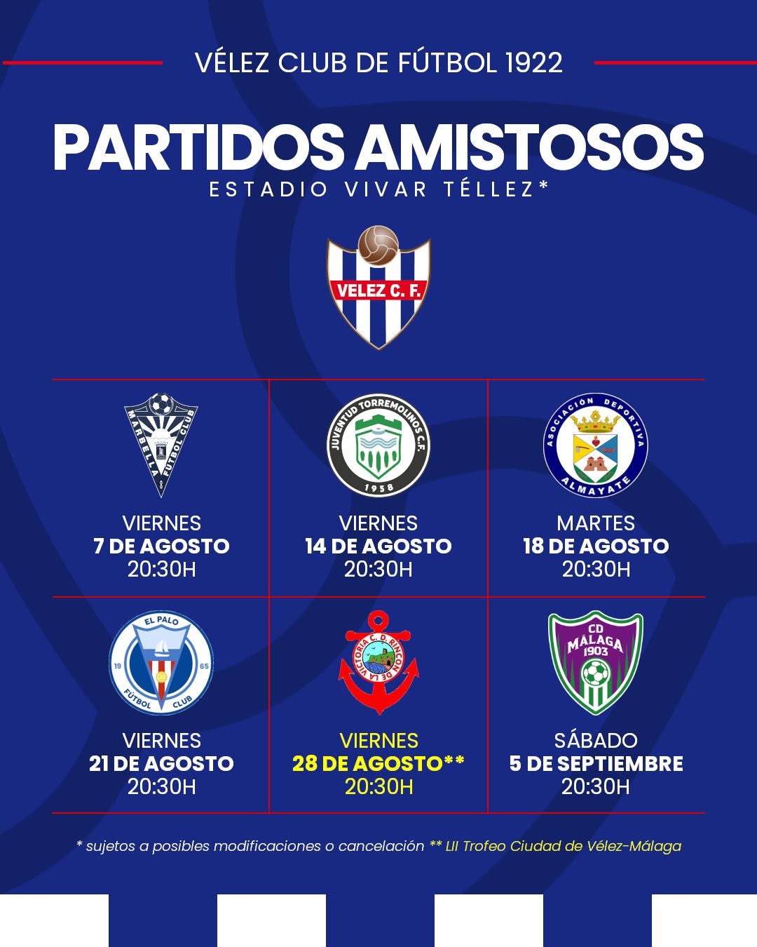 Cartel oficial de amistosos de pretemporada 2026/27 del Vélez CF 1922